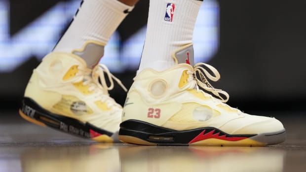View of Air Jordan 5 'Off-White' sneakers.